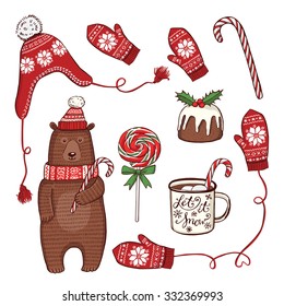 Hand drawn Christmas and New Year set. Funny winter bear in knitted hat and scarf, peppermint lollipops, enamel mug with hot chocolate, traditional Christmas pudding, knitted hat, mittens, snowflakes