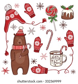 Hand drawn Christmas and New Year set. Funny winter bear in knitted hat and scarf, peppermint lollipops, enamel mug with hot chocolate, traditional Christmas pudding, knitted hat and mittens