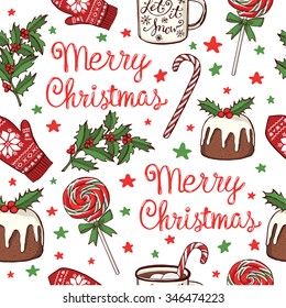 Hand drawn Christmas and New Year seamless pattern. Peppermint lollipops, mug with hot chocolate, traditional Christmas pudding, knitted mittens, holly, red and green stars. Handwritten lettering