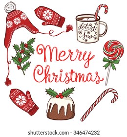 Hand drawn Christmas and New Year objects set. Peppermint lollipops, mug with hot chocolate, traditional Christmas pudding, knitted mittens, holly. Handwritten lettering