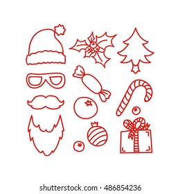 Hand drawn Christmas and New Year icons, vector design element, red line illustration isolated on white. Santa Claus symbols and attributes. Christmas hat, gift box, sweet, candy cane, holly, tree