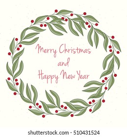 Hand drawn Christmas and New Year invitation card. Hand drawn vector illustration of retro wreath on light background. Winter holiday collection