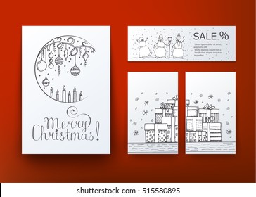Hand Drawn Christmas and New Year Vector greeting card with Christmas decoration, gift boxes and happy snowmans