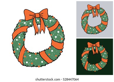 Hand drawn christmas or New Year illustration: christmas wreath. Isolated vector art element on white, gray and dark green background in sketch style.