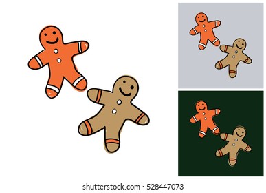 Hand drawn christmas or New Year illustration: sweet gingerbread men. Isolated vector art element on white, gray and dark green background in sketch style.