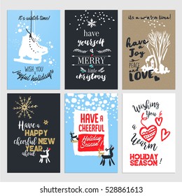 Hand drawn Christmas and New Year greeting cards. Flat design vector illustrations.