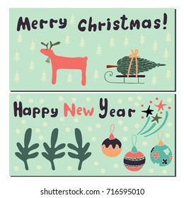 Hand drawn Christmas and New Year cards. Great for greeting cards, invitations and other holiday design. Vector illustration.