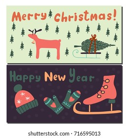 Hand drawn Christmas and New Year cards. Great for greeting cards, invitations and other holiday design. Vector illustration.