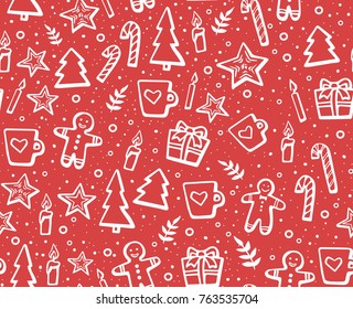 Hand drawn Christmas and New Year seamless pattern for winter holidays. Lovely background with winter elements: 
cookie, candles, fir-trees, snowflakes, cups, gifts. Linear vector illustration