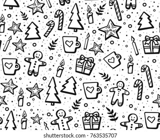 Hand drawn Christmas and New Year seamless pattern for winter holidays. Lovely background with winter elements: 
cookie, candles, fir-trees, snowflakes, cups, gifts. Linear vector illustration