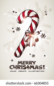 Hand drawn Christmas and New Years postcard with Christmas sweet cane and bow, snowflakes and light effects. EPS10 contains transparency.