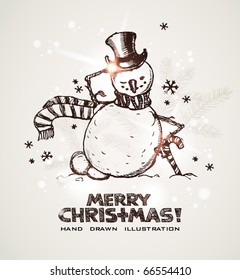 Hand drawn Christmas and New Years postcard with funny smiling winking snowman wearing silk hat, snowflakes and light effects. EPS10 contains transparency