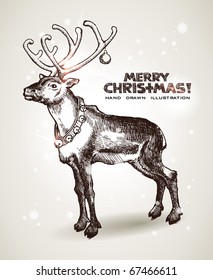 Hand drawn Christmas and New Years postcard with Christmas Santaâ??s reindeer. EPS10 contains transparency