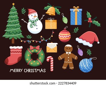 Hand drawn Christmas object element illustration.
Merry Christmas Icon Sticker set collection with flat illustration style.
Suitable for greeting card, postcard, banner, poster, web, etc