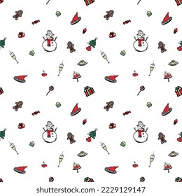 Hand drawn christmas object repeat pattern for wrapping paper, wallpaper, textile, packaging and other seamless printing work. 
