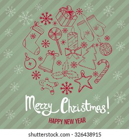Hand drawn Christmas objects arranged in a ball shape