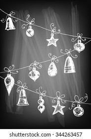 Hand drawn Christmas ornaments  - baubles, teardrops  and stars on chalkboard background. Vector illustration contains gradient meshes.