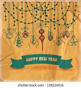 Hand -drawn Christmas ornaments tied with bows and garlands  on grunge background with old crumpled paper texture