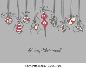 Hand -drawn Christmas ornaments tied with bows - baubles, teardrops, star, heart and pine cone on light gray background