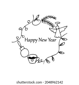 Hand drawn christmas outline icons including angel, bauble, pine branch, garland, mug of hot chocolate, tangerine, composed in circle shape with title happy new year