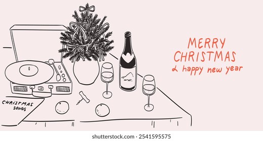 Fiesta de Navidad dibujada a mano para dos con vinilo y canciones clásicas de año nuevo y vino o champán. Anuncio creativo, saludo o invitación de Navidad en estilo doodle de carbón, tinta o línea de boceto.