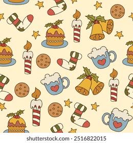 Hand drawn Christmas pattern with bells, candle, cookies and decorative elements. Winter holiday pattern perfect for wrapping paper, print, cards, fabric, textile