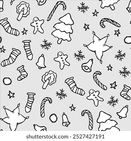 Patrón de Navidades manuscritas en blanco y negro, dibujo descuidado
