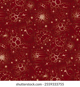 Hand drawn Christmas pattern, brown doodle, red background. Seamless floral pattern-499.
