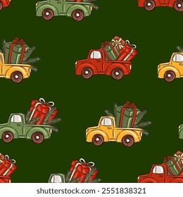 Hand drawn Christmas pattern with classic retro trucks with holiday gifts on a dark green background vector illustration