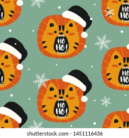 Hand drawn Christmas pattern with Lion and snowflakes. Design for fabric, wallpaper, textile and decor