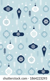 Hand drawn Christmas pattern on a blue background. Christmas pattern clipart. Hanging Glass Baubles. Festive background. Scandinavian texture. balls icons.