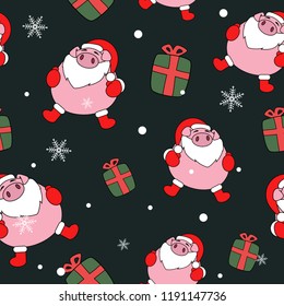 Hand drawn Christmas pattern with pigs. Design for fabric, wallpaper, textile and decor.