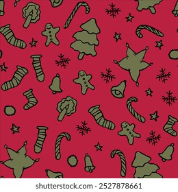 Hand drawn Christmas pattern in red and gold palette, careless drawing
