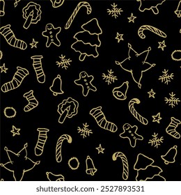 Hand drawn Christmas pattern in red and gold palette, careless drawing