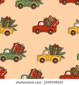 Hand drawn Christmas pattern with red trucks and gift boxes vector illustration