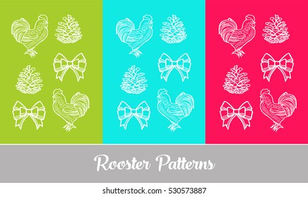Hand drawn Christmas pattern with rooster. Vector cock, New Year symbol, hand drawn, outline. Holiday concept for textile print and packaging paper. 
