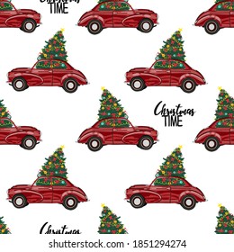 hand drawn Christmas pattern. seamless background with red car and Christmas tree. Background for wrapping paper, clothing, textiles and more