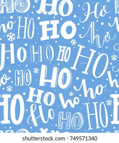 Hand drawn Christmas pattern. Seamless background with text hohoho. Gift wrapping blue and white paper