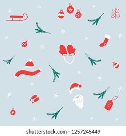 Hand drawn Christmas pattern with snowflakes, mittens, scarf, christmas balls and spruce branch