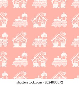 Hand drawn christmas pattern with sweet gingerman cookies of houses and train locomotive on light pink background