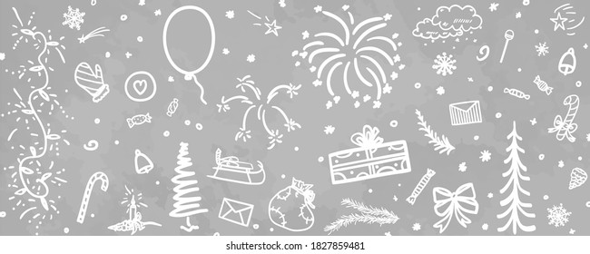 Hand drawn christmas pattern. Xmas elements. Black and white illustration