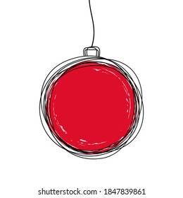 Hand drawn Christmas pine tree ball ornament hanging on a string, holiday card style with copy space. Vector illustration isolated on white background