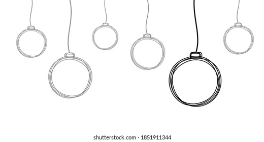 Línea de ornamento de la bola de pino de Navidad dibujada a mano que cuelga en una cuerda, estilo de tarjeta de vacaciones con espacio de copia. Ilustración del vector aislada en fondo blanco