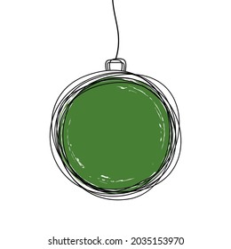 Ornamento de bola de pino de Navidad dibujado a mano, colgado en una cuerda, estilo de tarjeta de vacaciones con espacio de copia. Ilustración del vector aislada en fondo blanco