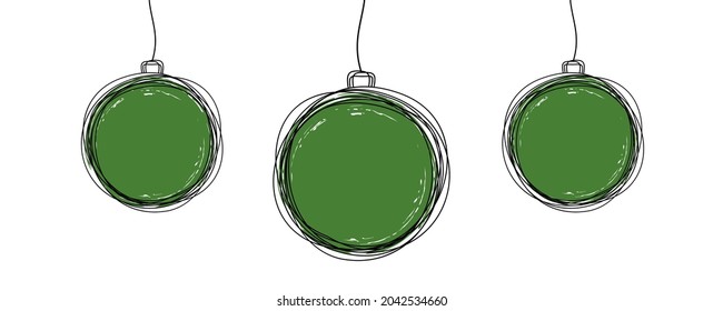 Hand drawn Christmas pine tree ball ornament hanging on a string, holiday card style with copy space. Vector illustration isolated on white background