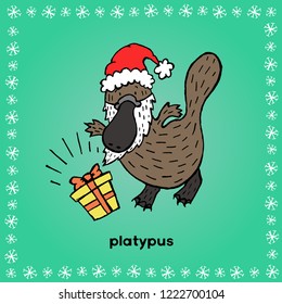 Hand Drawn Christmas Platypus, Hand Drawn Christmas, Doodle, Weird Christmas Animals, Xmas Animals, Platypus, Platypus in Santa hat and gift