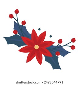 Hand drawn Christmas poinsettia with leaves isolated.