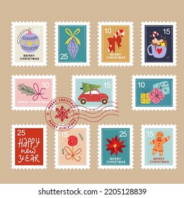 Hand drawn christmas postage stamp collection.