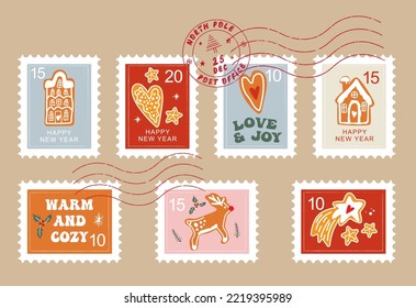 Hand drawn christmas postage stamp collection.