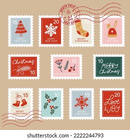 Hand drawn christmas postage stamp collection.